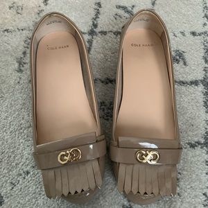 Cole Haan patent camel fringe loafers